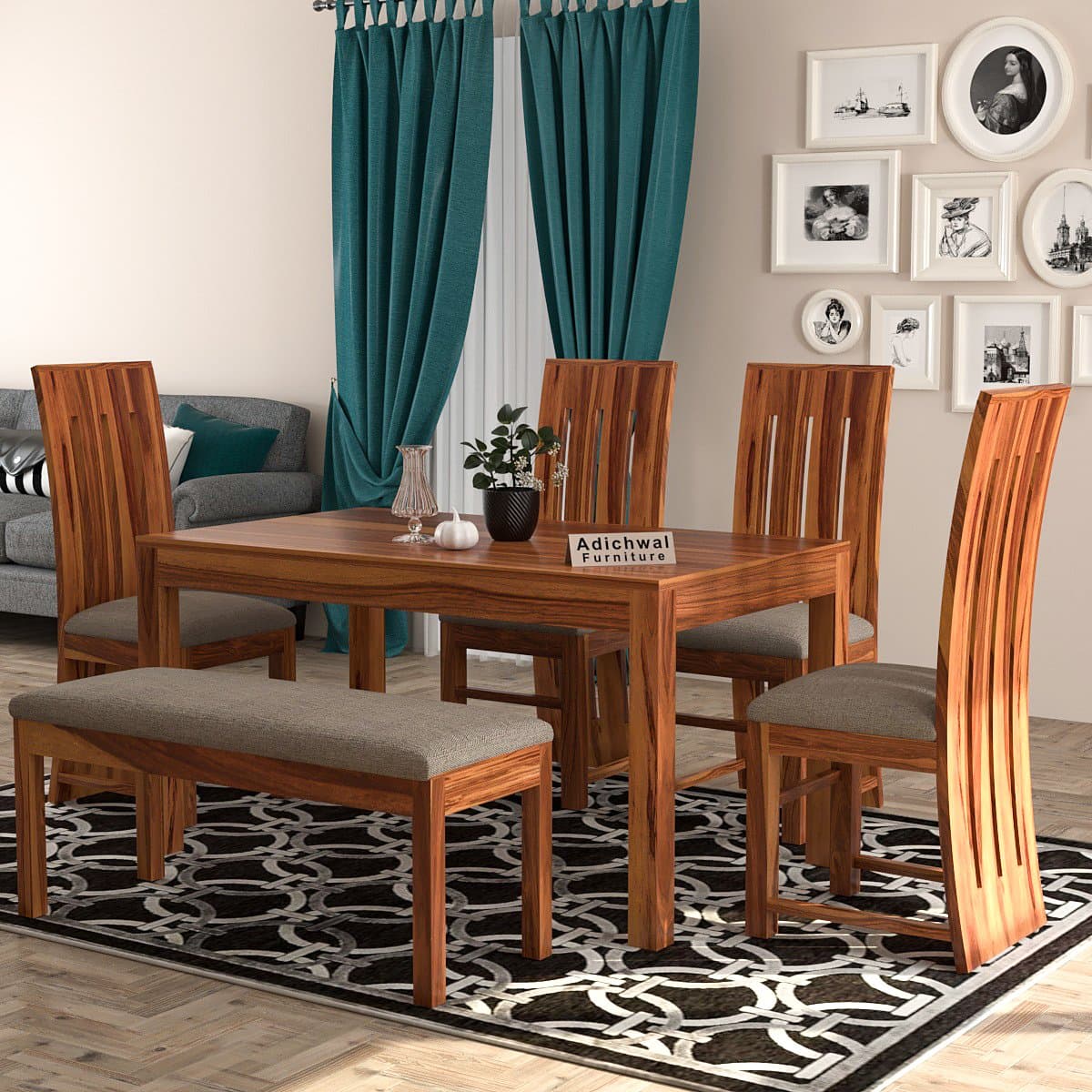 Sheesham Wood 4 Chair with 1 Bench Dining Table Set with Cushioned Chairs for Dining Room | Living Room | Home & Office | (6 Seater with Bench, Honey B) - image 2