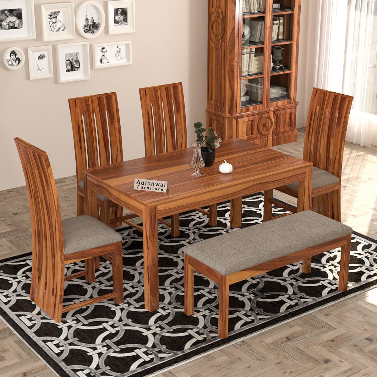 Sheesham Wood 4 Chair with 1 Bench Dining Table Set with Cushioned Chairs for Dining Room | Living Room | Home & Office | (6 Seater with Bench, Honey B) - image 3