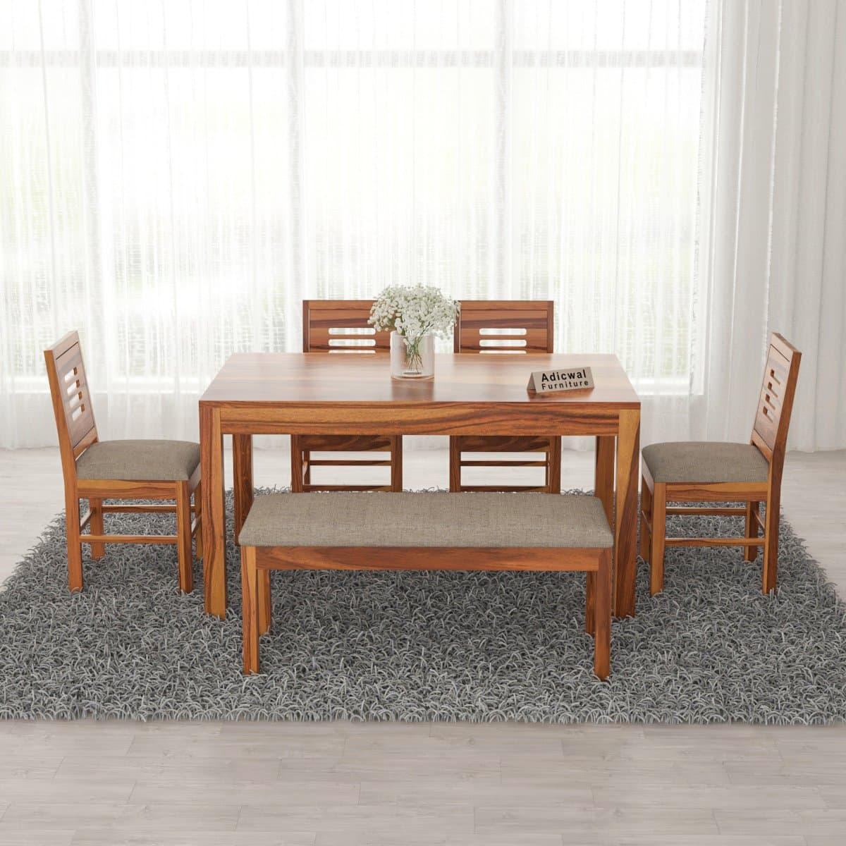 Solid Sheesham Wood 4 Chair with 1 Bench Dining Table Set with Cushioned Chairs for Dining Room | Living Room | Hotels Restaurant (6 Seater with Bench, Honey) - image 3