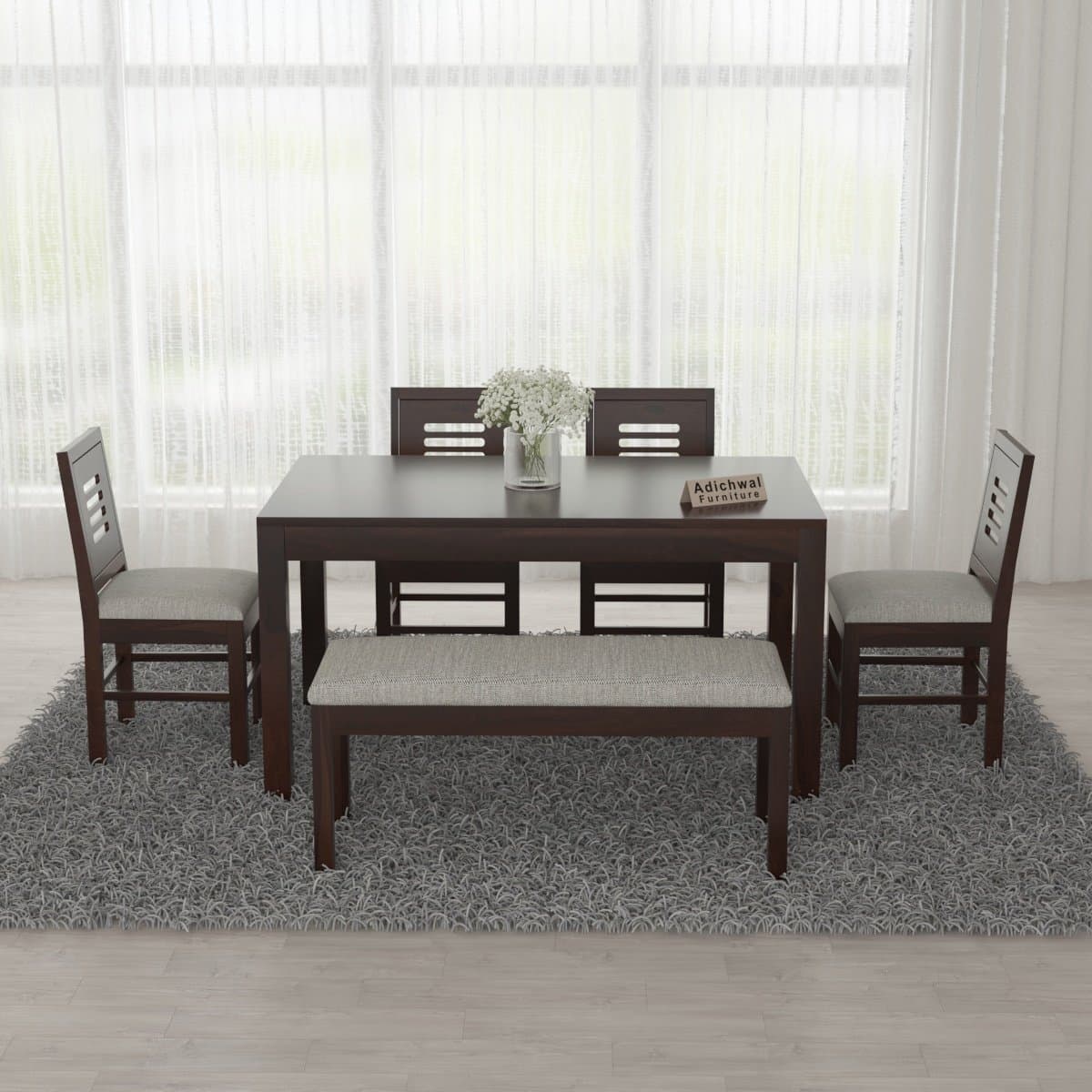 Sheesham Wood 4 Chair with 1 Bench Dining Table Set with Cushioned Chairs for Dining Room | Living Room | Home & Office | Hotels Restaurant (6 Seater with Bench, Walnut) - image 2