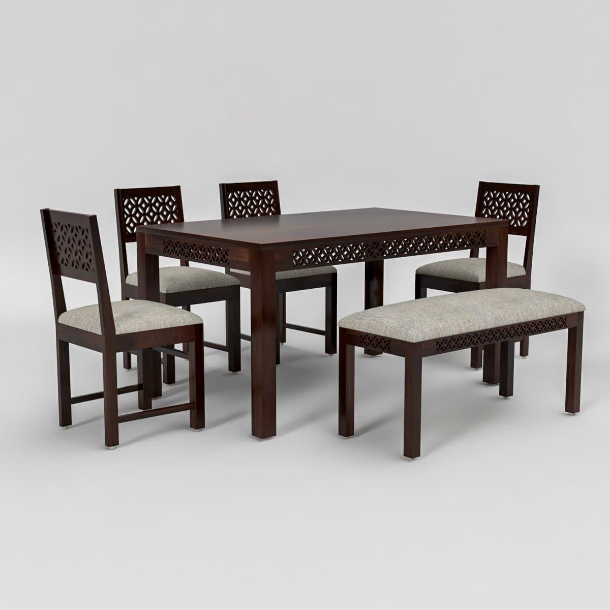 Sheesham Wood 4 Chair with 1 Bench Dining Table Set with Cushioned Chairs for Dining Room | Living Room | Home & Office | t (6 Seater with Bench, Walnut A) - image 2