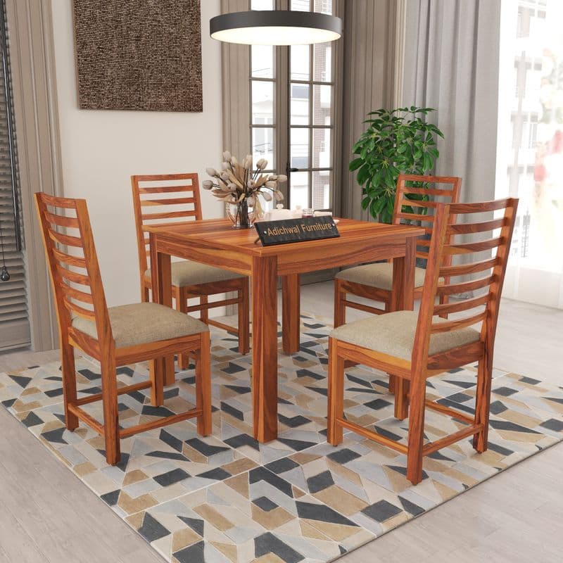 Solid Sheesham Wood 4 Seater Dining Table Set with Cushioned Chairs for Dining Room | Living Room | Home & Office | Wooden Dining Table for Hotels Restaurant (4 Seater, Honey)