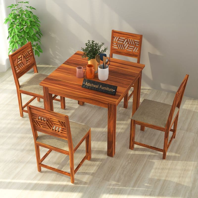 Solid Sheesham Wood 4 Seater Dining Table Set with Cushioned Chairs for Dining Room | Living Room | Home & Office | Wooden Dining Table for Hotels Restaurant (4 Seater, Honey A)