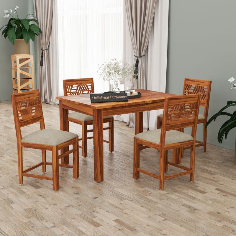Solid Sheesham Wood 4 Seater Dining Table Set with Cushioned Chairs for Dining Room | Living Room | Home & Office | Wooden Dining Table for Hotels (4 Seater, Honey C)