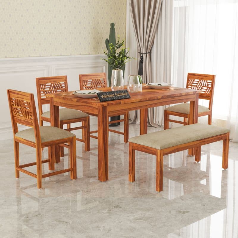 Solid Sheesham Wood 4 Chair with 1 Bench Dining Table Set with Cushioned Chairs for Dining Room | Living Room | Home & Office | Hotels Restaurant (6 Seater with Bench, Honey A)