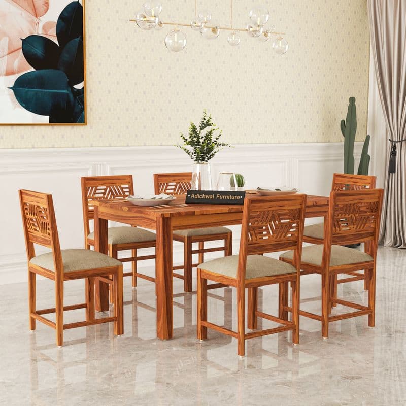 Solid Sheesham Wood 6 Seater Dining Table Set with Cushioned Chairs for Dining Room | Living Room | Home & Office | Wooden Dining Table for Hotels (6 Seater, Honey A)