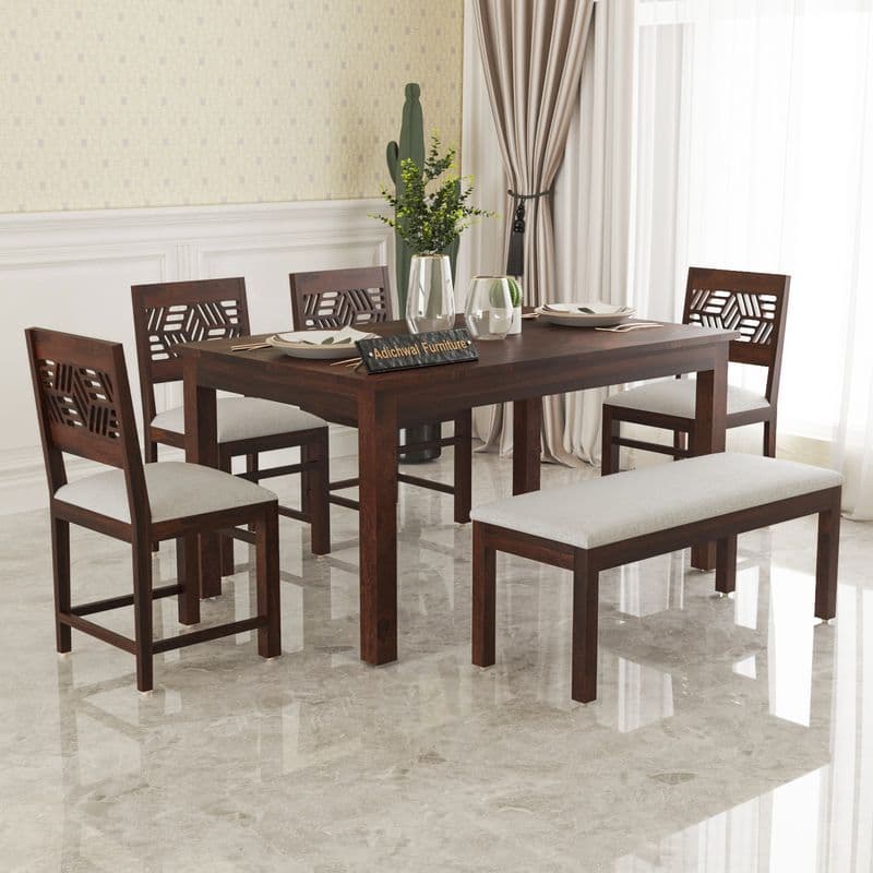 Solid Sheesham Wood 4 Chair with 1 Bench Dining Table Set with Cushioned Chairs for Dining Room | Living Room | Home & Office | Hotels (6 Seater with Bench, Walnut A)