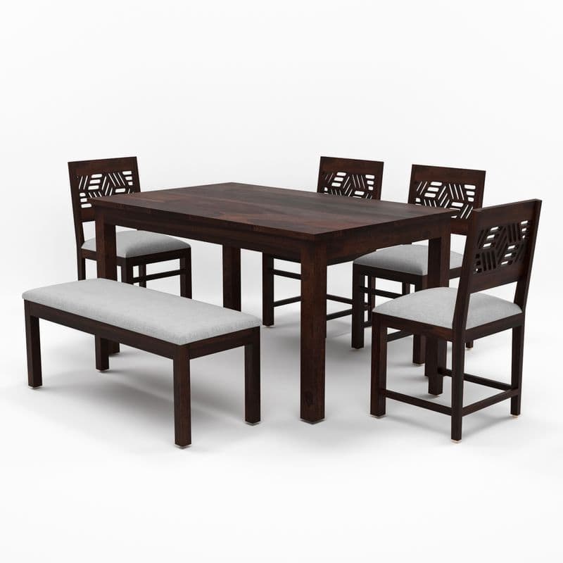 Solid Sheesham Wood 4 Chair with 1 Bench Dining Table Set with Cushioned Chairs for Dining Room | Living Room | Home & Office | Hotels (6 Seater with Bench, Walnut A) - image 11