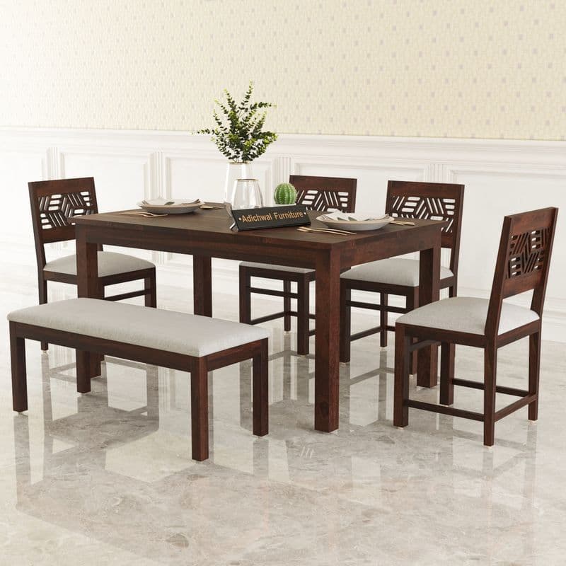 Solid Sheesham Wood 4 Chair with 1 Bench Dining Table Set with Cushioned Chairs for Dining Room | Living Room | Home & Office | Hotels (6 Seater with Bench, Walnut A) - image 13