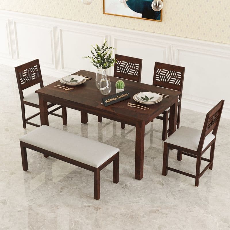 Solid Sheesham Wood 4 Chair with 1 Bench Dining Table Set with Cushioned Chairs for Dining Room | Living Room | Home & Office | Hotels (6 Seater with Bench, Walnut A) - image 12