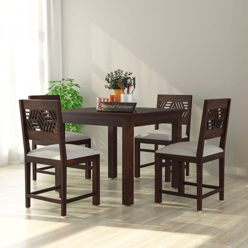 Solid Sheesham Wood 4 Seater Dining Table Set with Cushioned Chairs for Dining Room | Living Room | Home & Office | Wooden Dining Table for Hotels (4 Seater, Walnut A)