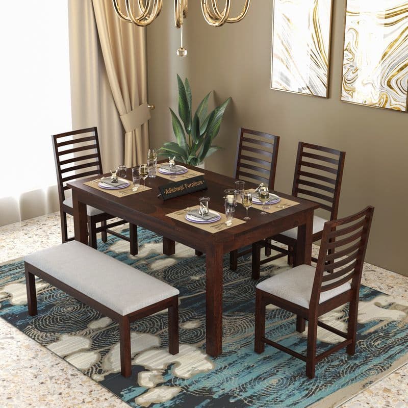 Solid Sheesham Wood 4 Chair with 1 Bench Dining Table Set with Cushioned Chairs for Dining Room | Living Room | Home & Office | Hotels Restaurant (6 Seater with Bench, Walnut)