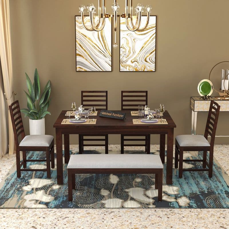 Solid Sheesham Wood 4 Chair with 1 Bench Dining Table Set with Cushioned Chairs for Dining Room | Living Room | Home & Office | Hotels Restaurant (6 Seater with Bench, Walnut) - image 5