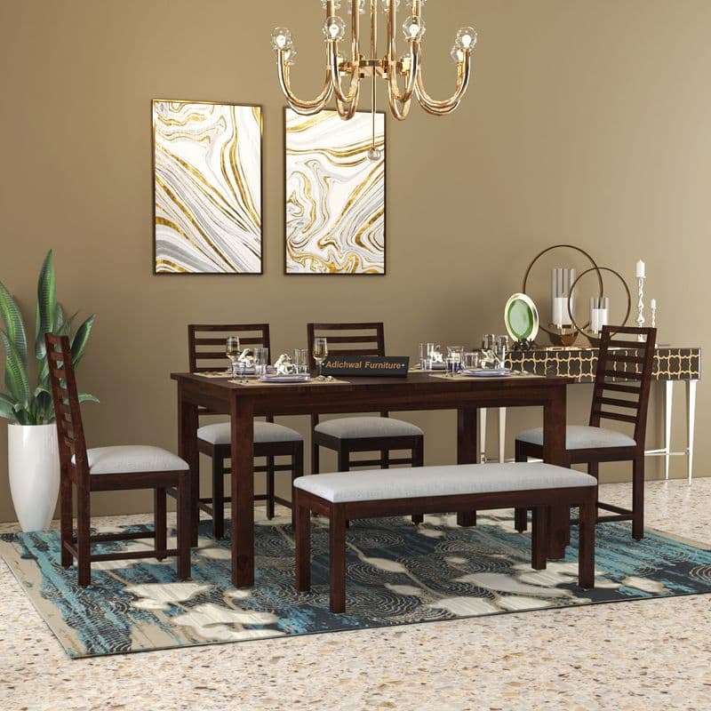 Solid Sheesham Wood 4 Chair with 1 Bench Dining Table Set with Cushioned Chairs for Dining Room | Living Room | Home & Office | Hotels Restaurant (6 Seater with Bench, Walnut) - image 6