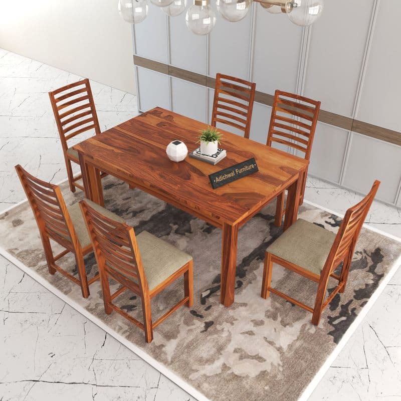 Solid Sheesham Wood 6 Seater Dining Table Set with Cushioned Chairs for Dining Room | Living Room | Home & Office | Wooden Dining Table for Hotels (6 Seater, Honey)