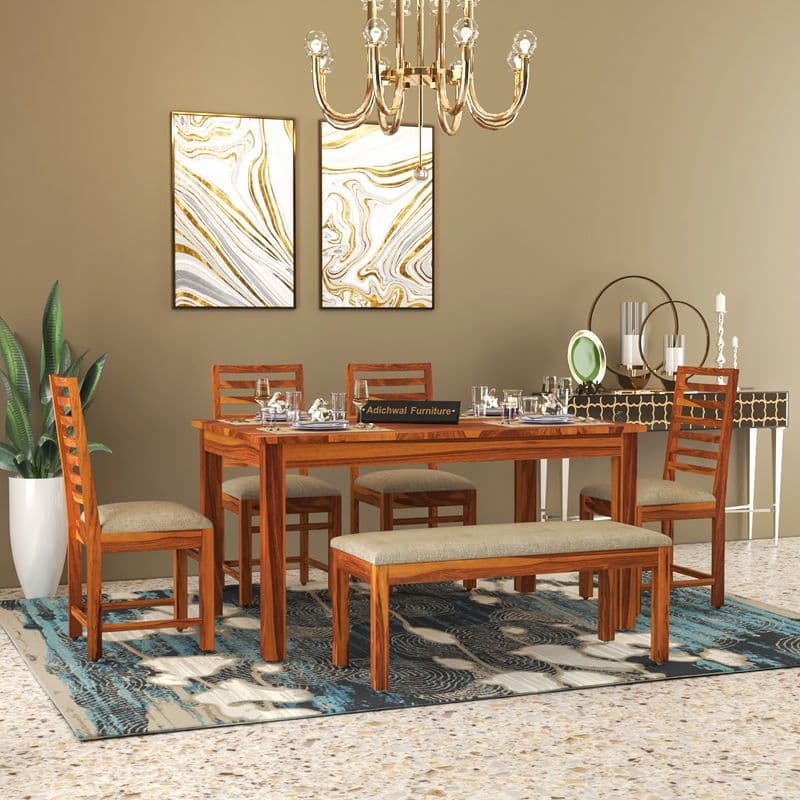 Solid Sheesham Wood 4 Chair with 1 Bench Dining Table Set with Cushioned Chairs for Dining Room | Living Room | Home & Office | Hotels Restaurant (6 Seater with Bench, Honey)