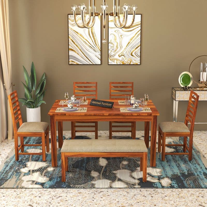 Solid Sheesham Wood 4 Chair with 1 Bench Dining Table Set with Cushioned Chairs for Dining Room | Living Room | Home & Office | Hotels Restaurant (6 Seater with Bench, Honey) - image 6