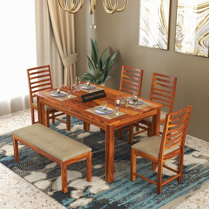 Solid Sheesham Wood 4 Chair with 1 Bench Dining Table Set with Cushioned Chairs for Dining Room | Living Room | Home & Office | Hotels Restaurant (6 Seater with Bench, Honey) - image 7