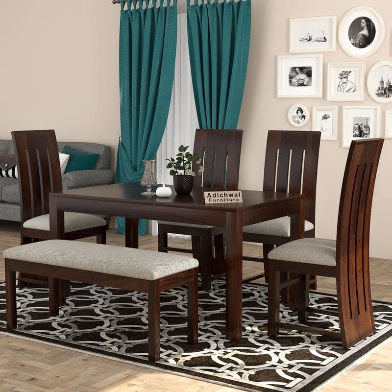 Sheesham Wood 4 Chair with 1 Bench Dining Table Set with Cushioned Chairs for Dining Room | Living Room | | Hotels Restaurant (6 Seater with Bench, Walnut B) - image 2