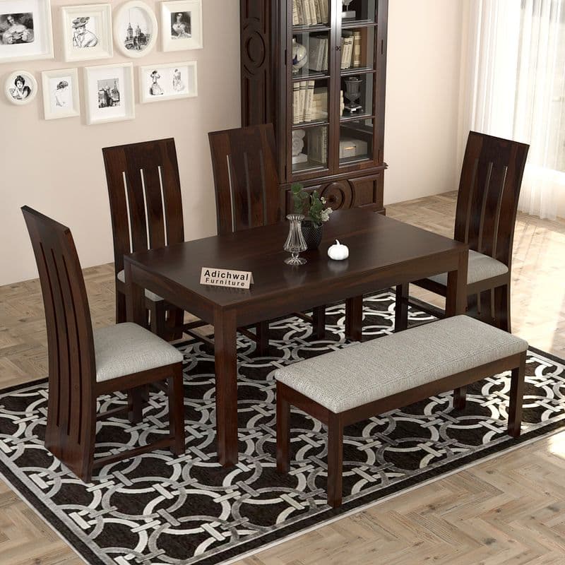 Sheesham Wood 4 Chair with 1 Bench Dining Table Set with Cushioned Chairs for Dining Room | Living Room | | Hotels Restaurant (6 Seater with Bench, Walnut B) - image 3