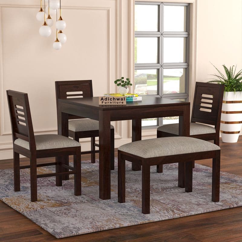 Solid Sheesham Wood 3 Chair with1 Bench Dining Set with Cushioned Chairs for Dining Room | Living Room | Home & Office | Hotels Restaurant (4 Seater with Bench, Walnut)