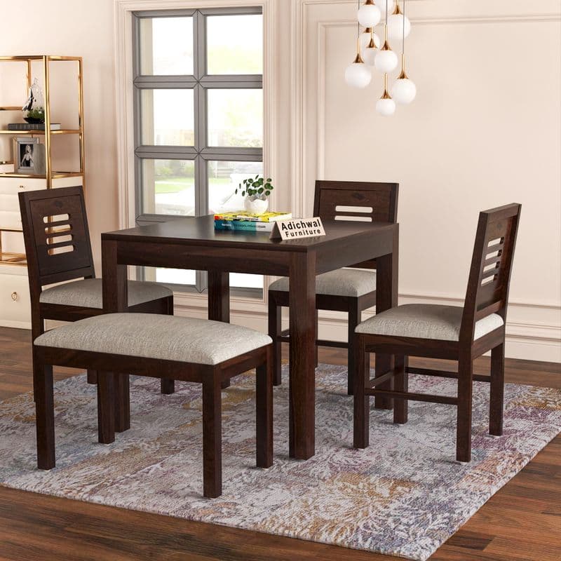 Solid Sheesham Wood 3 Chair with1 Bench Dining Set with Cushioned Chairs for Dining Room | Living Room | Home & Office | Hotels Restaurant (4 Seater with Bench, Walnut) - image 2