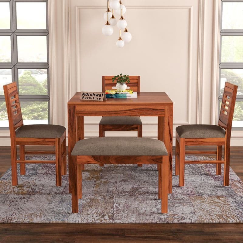 Solid Sheesham Wood 3 Chair with 1 Bench Dining Table Set with Cushioned Chairs for Dining Room | Living Room | Home & Office | Hotels (4 Seater with Bench, Honey) - image 2