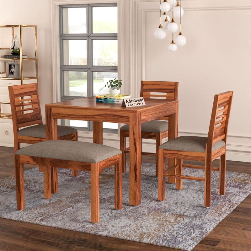 Solid Sheesham Wood 3 Chair with 1 Bench Dining Table Set with Cushioned Chairs for Dining Room | Living Room | Home & Office | Hotels (4 Seater with Bench, Honey) - image 3