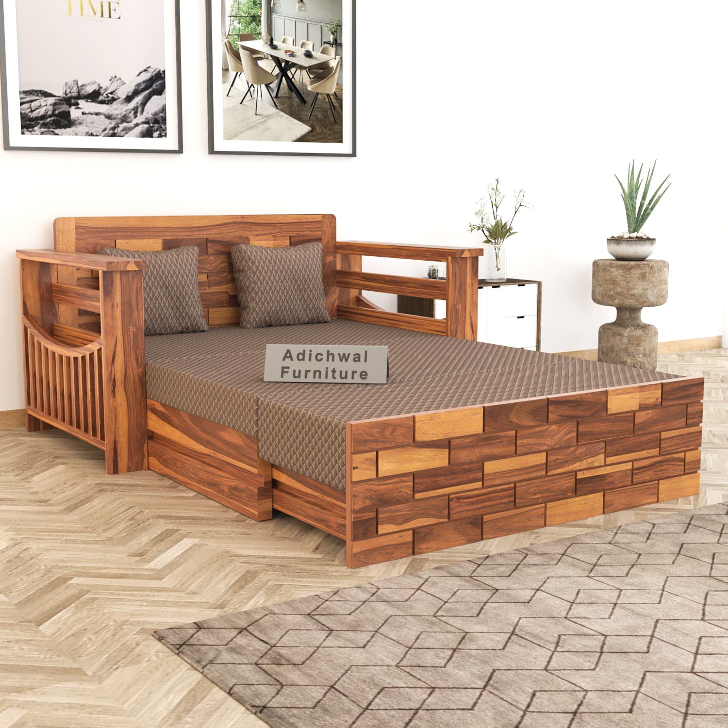 Shisham Wood 2-seater Sofa with GeoDiamond - Open-Rail - Honey - image 1