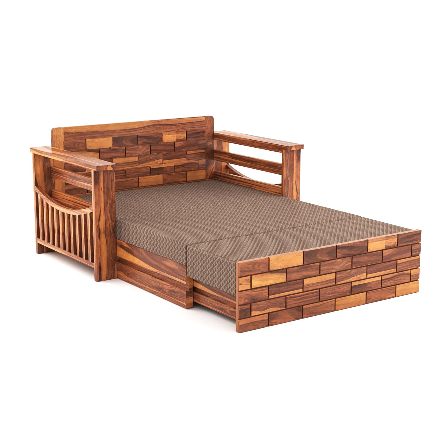 Shisham Wood 2-seater Sofa with GeoDiamond - Open-Rail - Honey - image 4