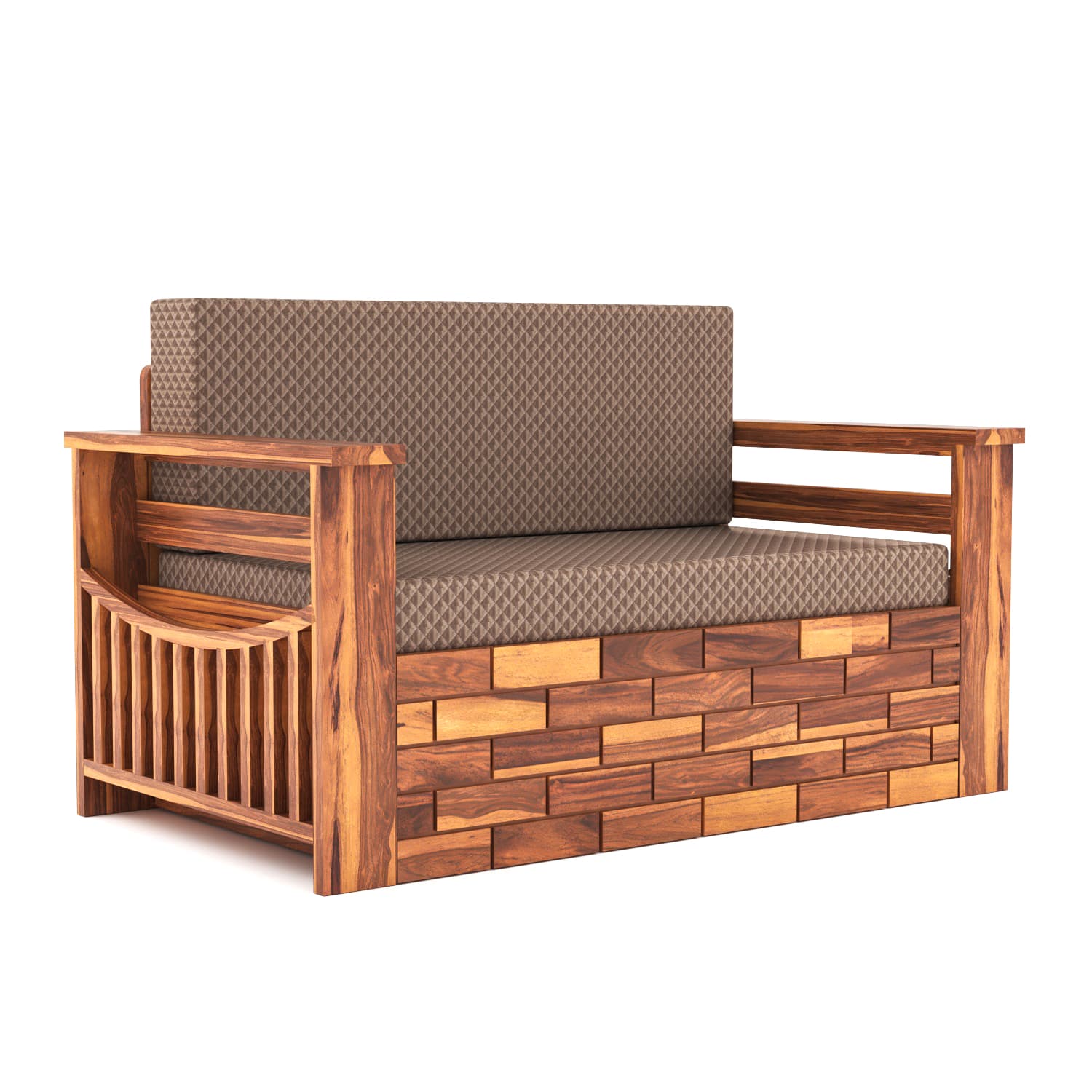 Shisham Wood 2-seater Sofa with GeoDiamond - Open-Rail - Honey - image 7
