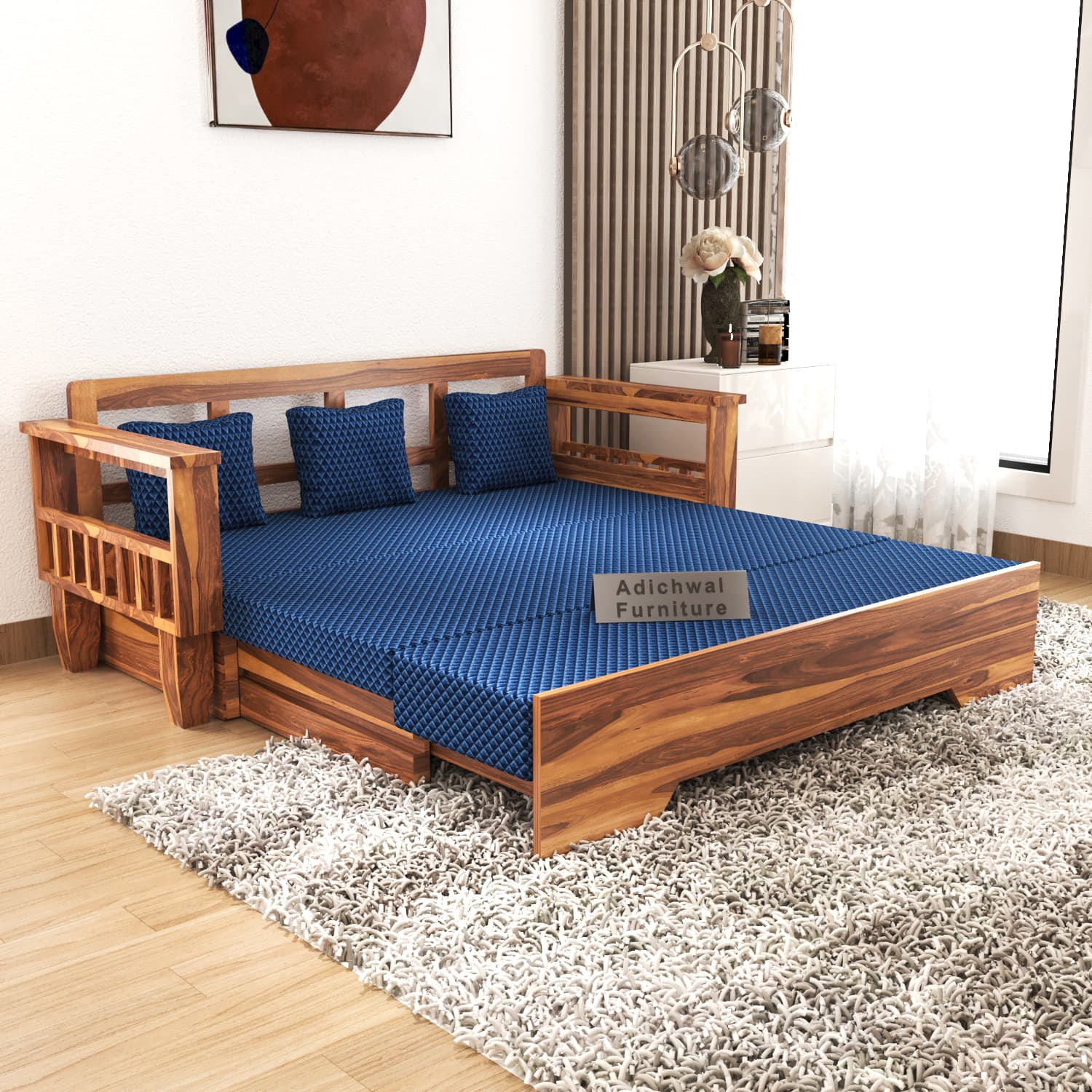 Shisham Wood 3-seater Sofa with Classic Grain - Classic - Honey
