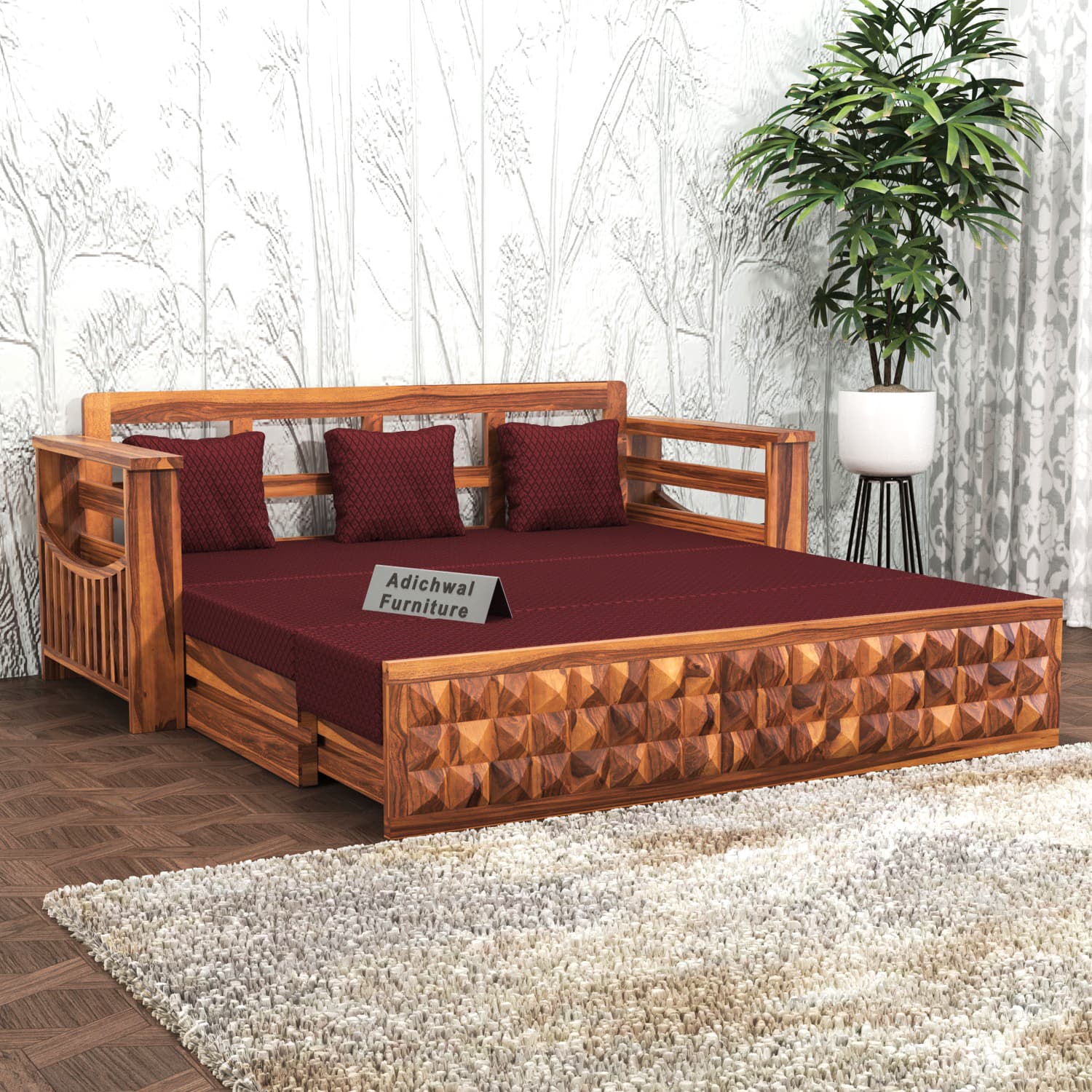 Shisham Wood 3-seater Sofa with DiamondCarve - Full-Back - Honey