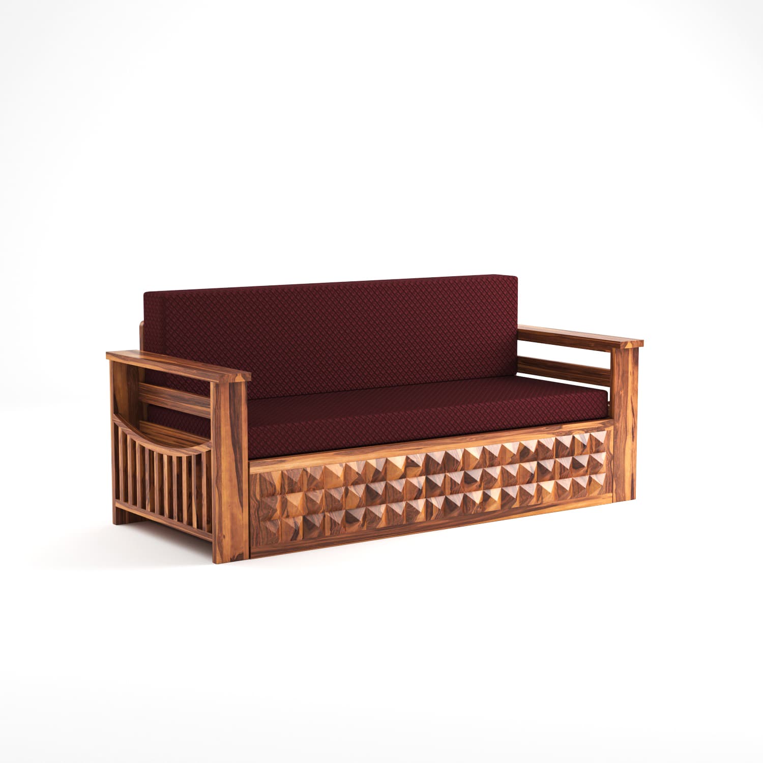Shisham Wood 3-seater Sofa with DiamondCarve - Full-Back - Honey - image 4