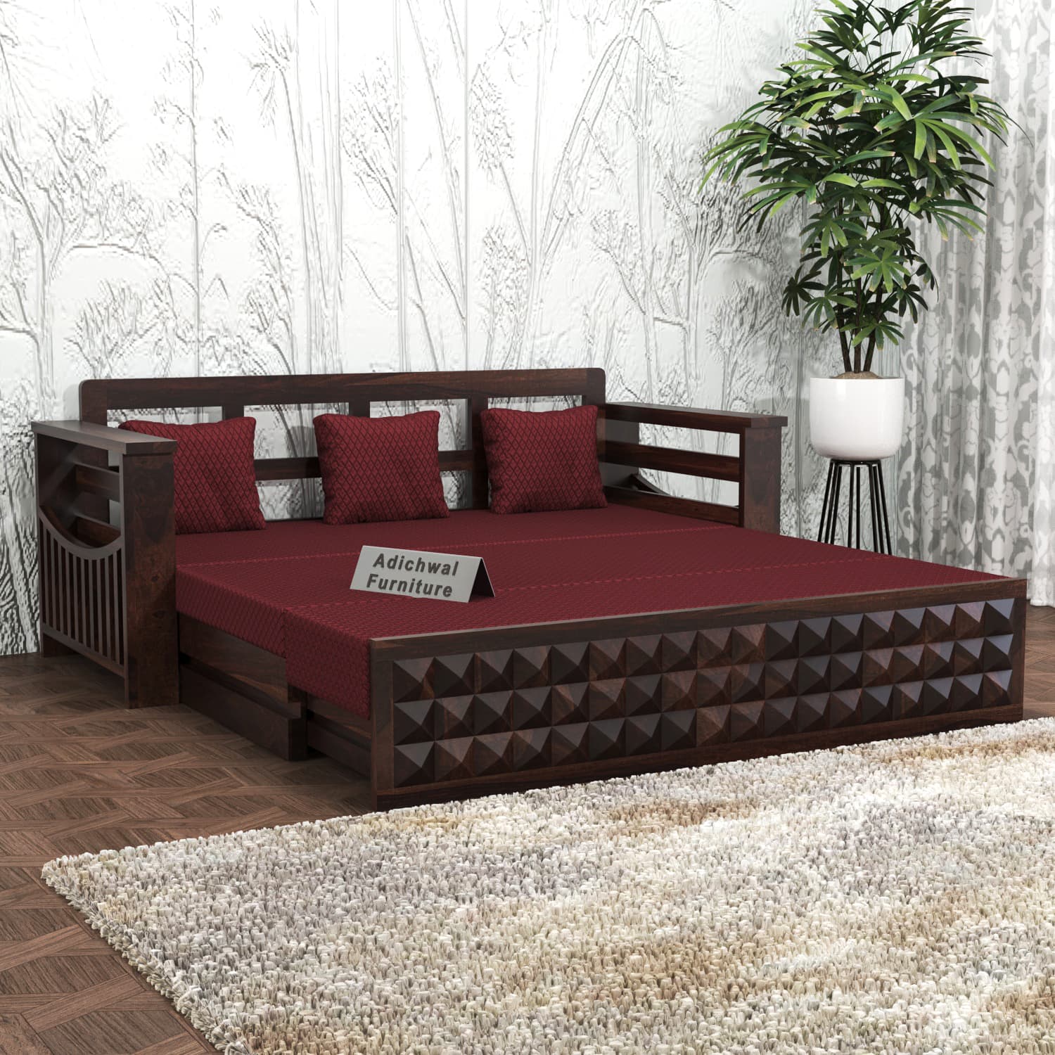 Shisham Wood 3-seater Sofa with DiamondCarve - Full-Back - Walnut - image 3