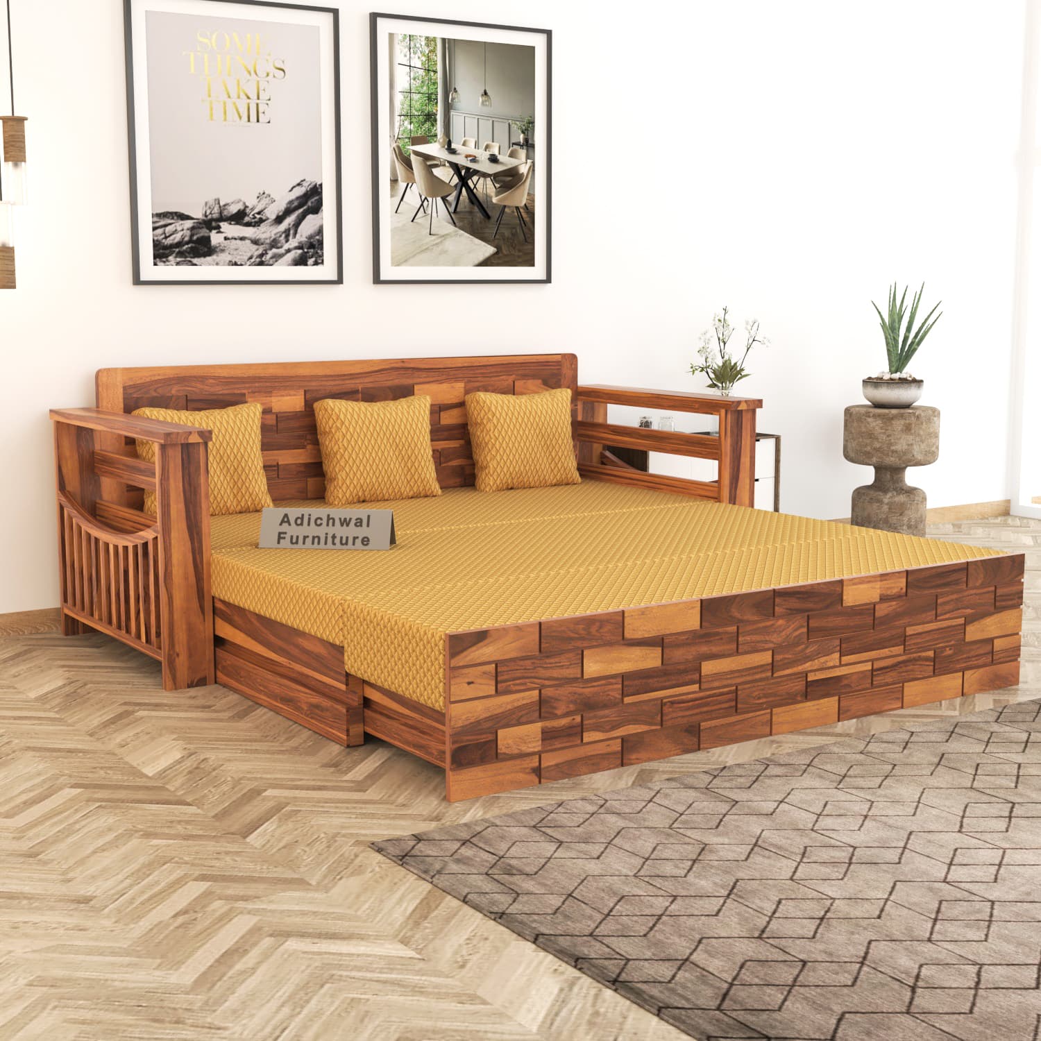 Shisham Wood 3-seater Sofa with GeoDiamond - Open-Rail - Honey