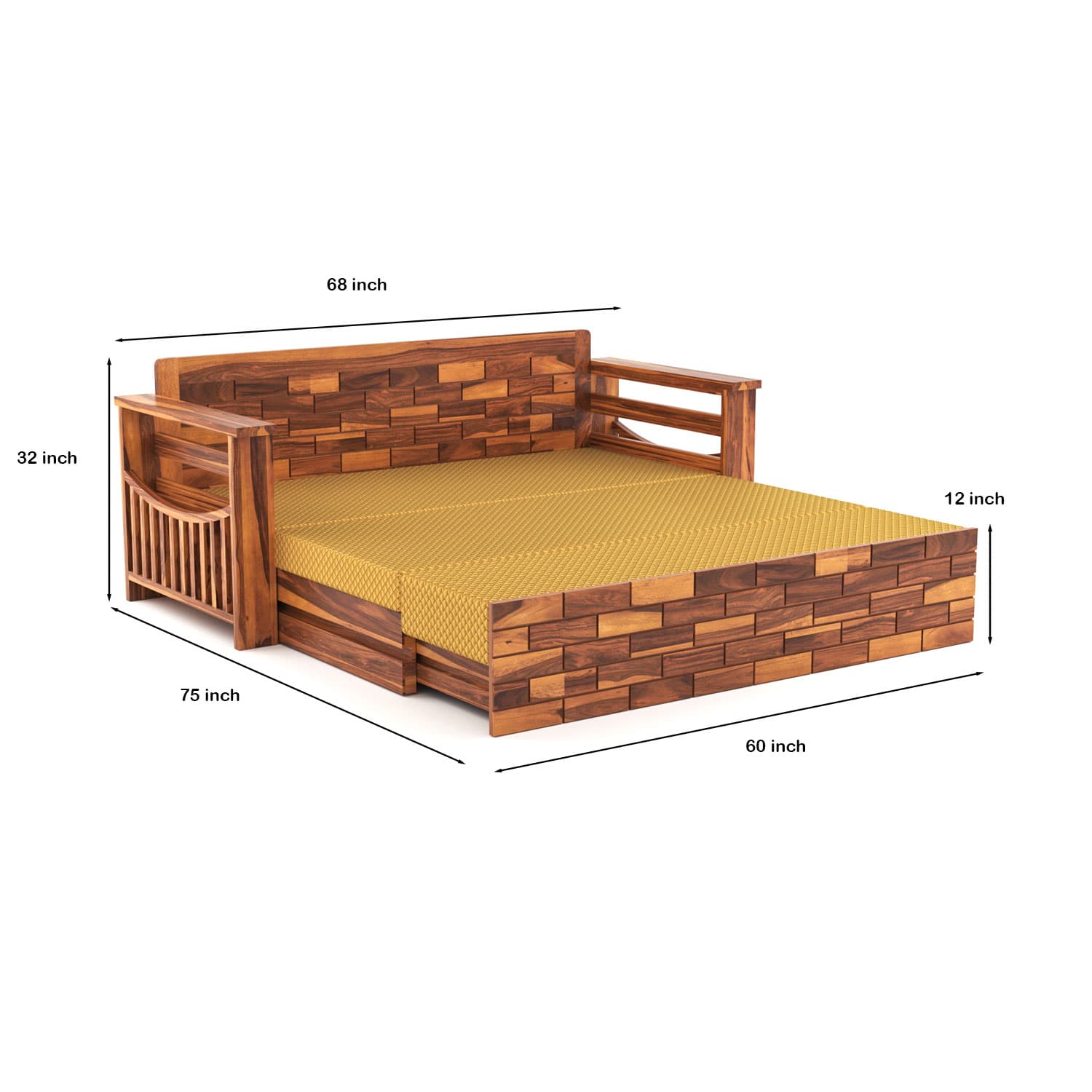 Shisham Wood 3-seater Sofa with GeoDiamond - Open-Rail - Honey - image 4