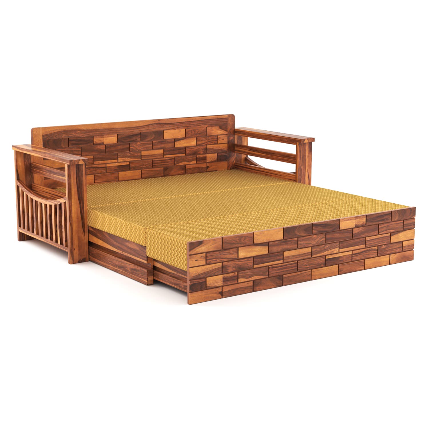 Shisham Wood 3-seater Sofa with GeoDiamond - Open-Rail - Honey - image 5