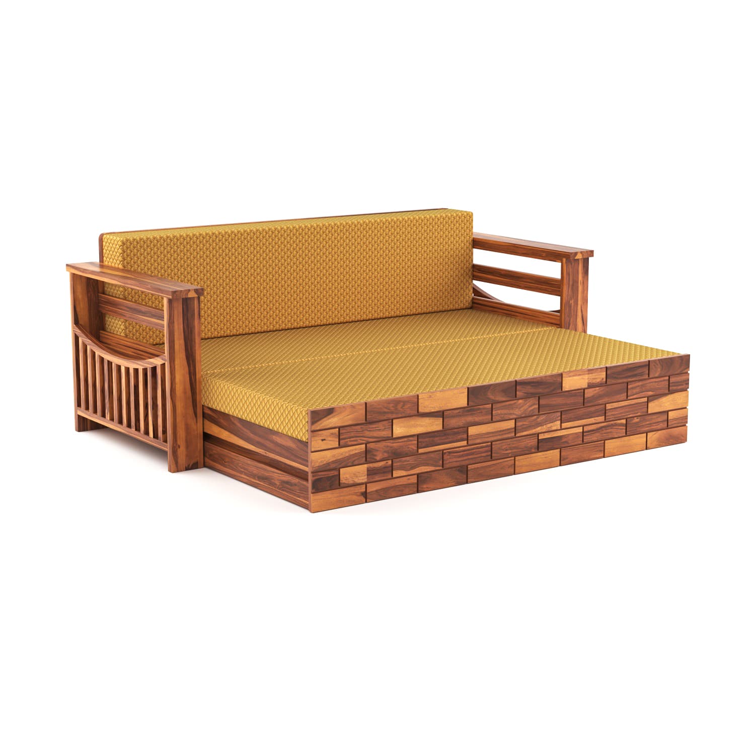 Shisham Wood 3-seater Sofa with GeoDiamond - Open-Rail - Honey - image 6