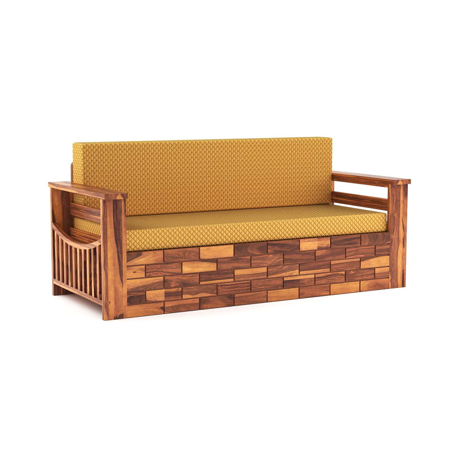 Shisham Wood 3-seater Sofa with GeoDiamond - Open-Rail - Honey - image 8