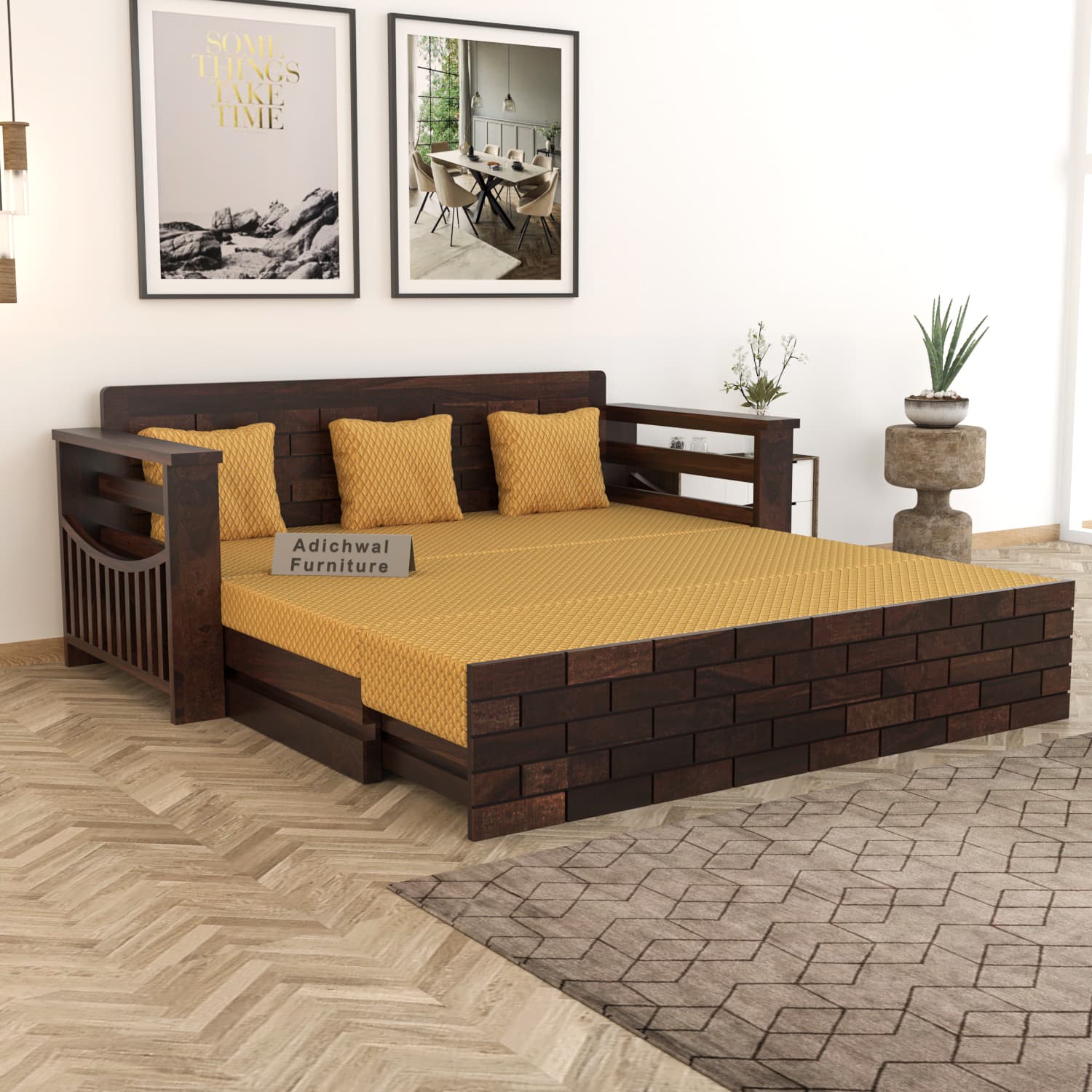 Shisham Wood 3-seater Sofa with GeoDiamond - Open-Rail - Walnut