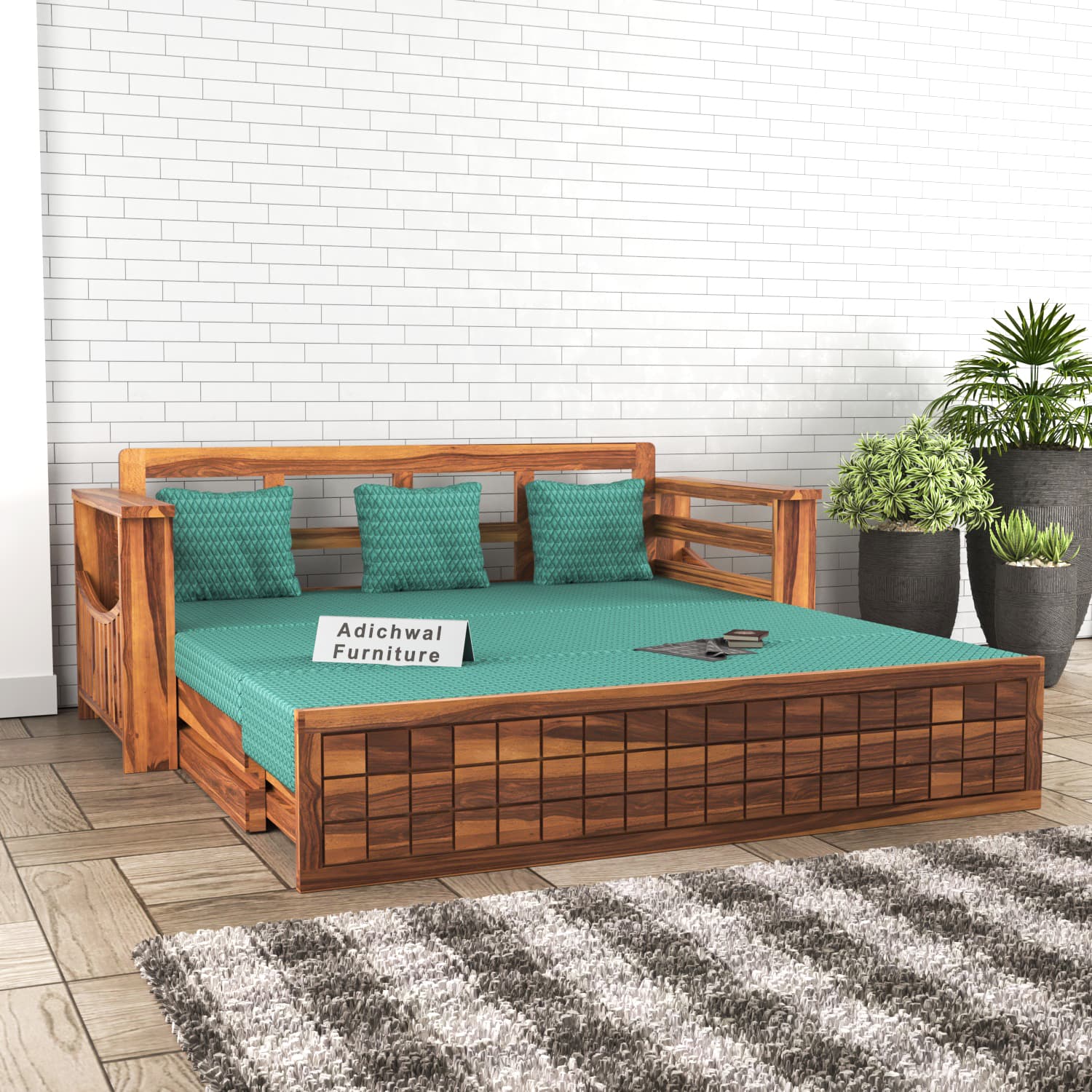 Shisham Wood 3-seater Sofa with GridLock - Contemporary - Honey