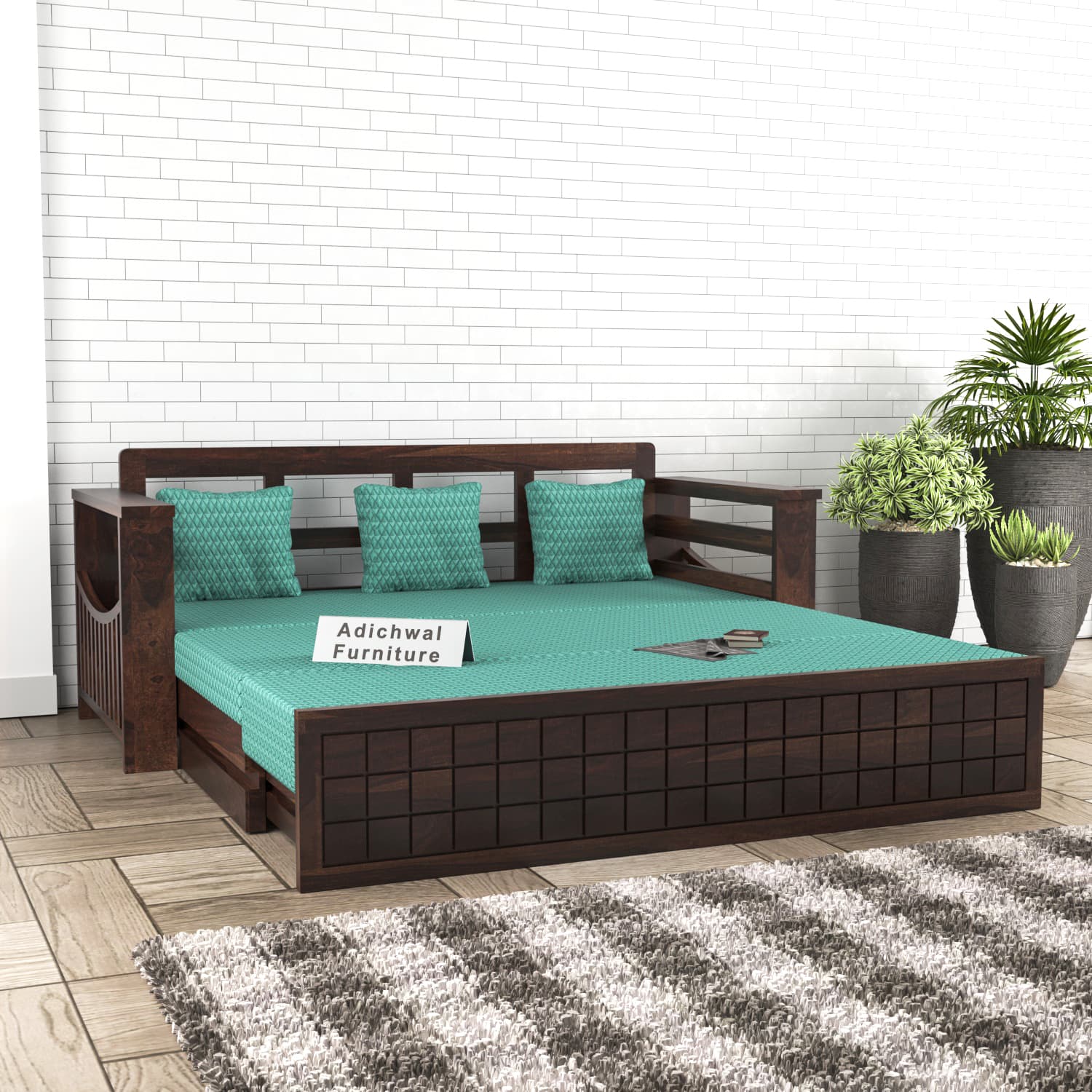 Shisham Wood 3-seater Sofa with GridLock - Contemporary - Walnut
