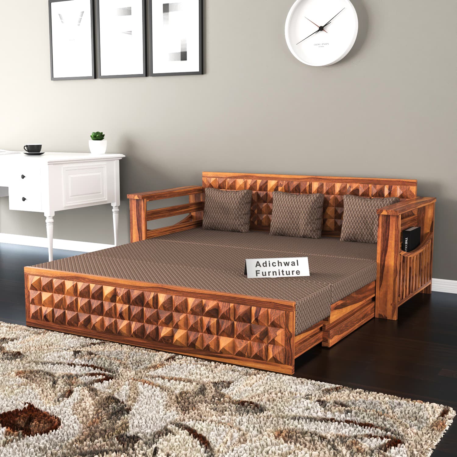 Shisham Wood 3-seater Sofa with Heritage Brick-Art - Heritage - Honey