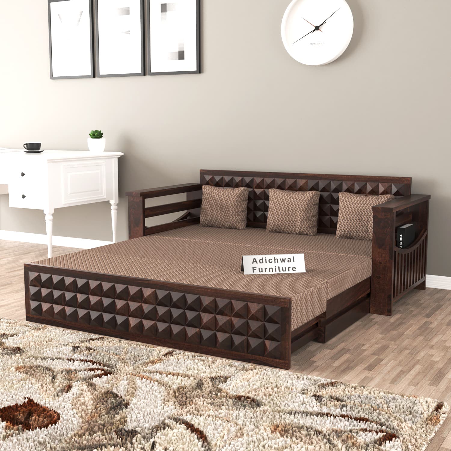 Shisham Wood 3-seater Sofa with Heritage Brick-Art - Heritage - Walnut