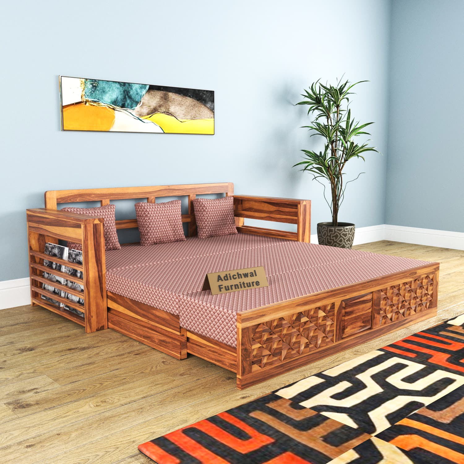 Shisham Wood 3-seater Sofa with Mandala-Craft - Ethnic - Honey