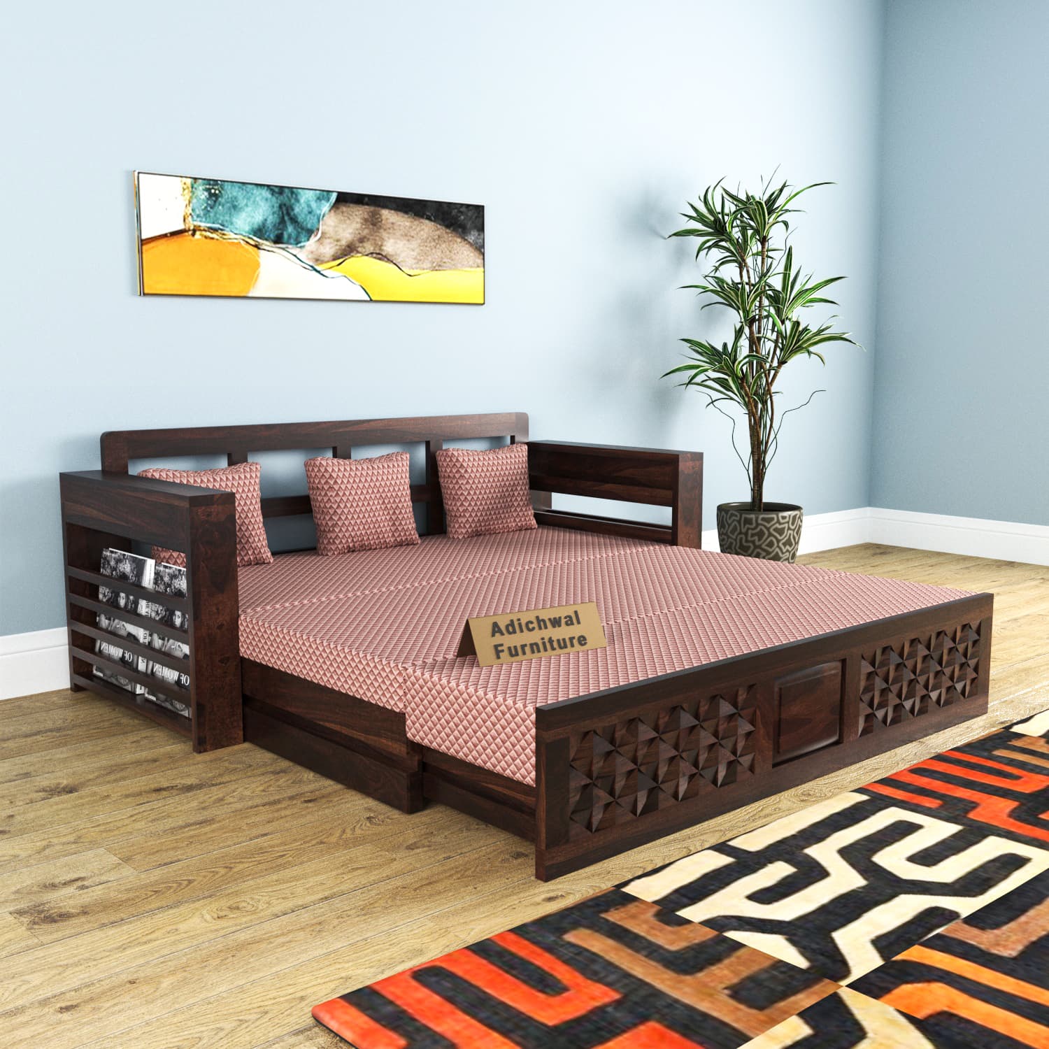 Shisham Wood 3-seater Sofa with Mandala-Craft - Ethnic - Walnut