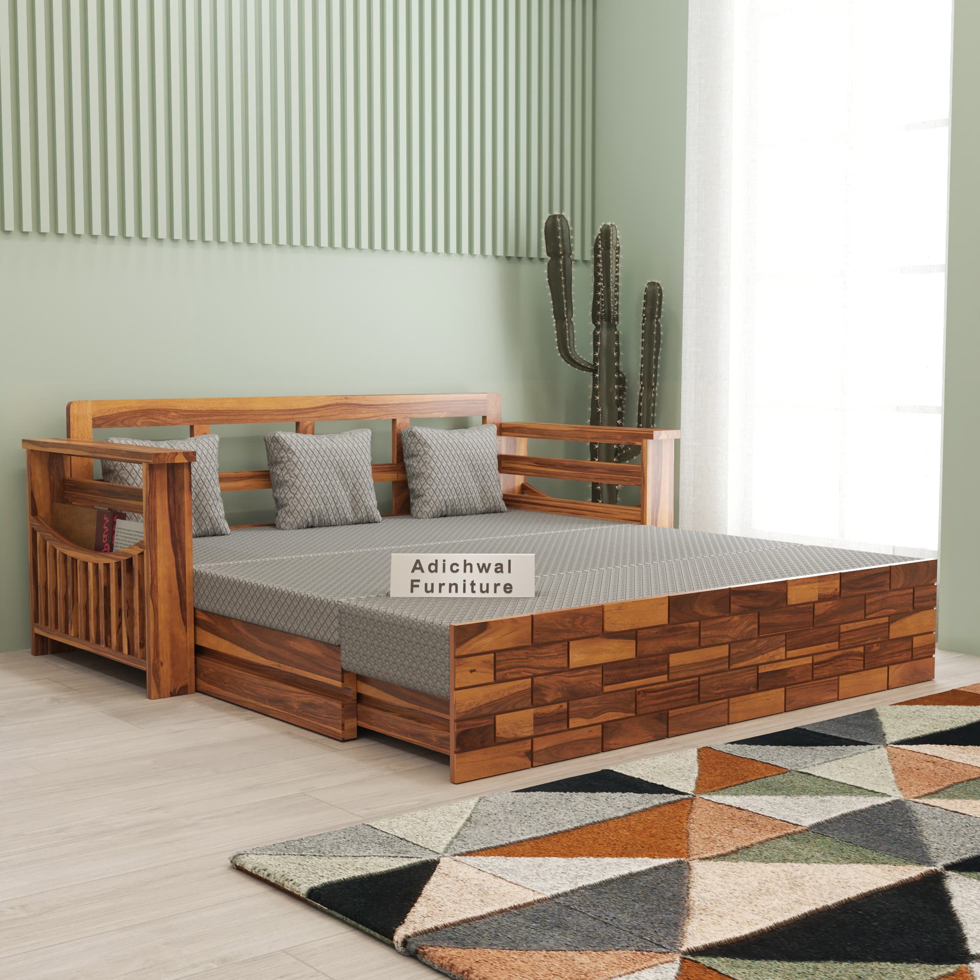 Shisham Wood 3-seater Sofa with UrbanBrick - Urban - Honey