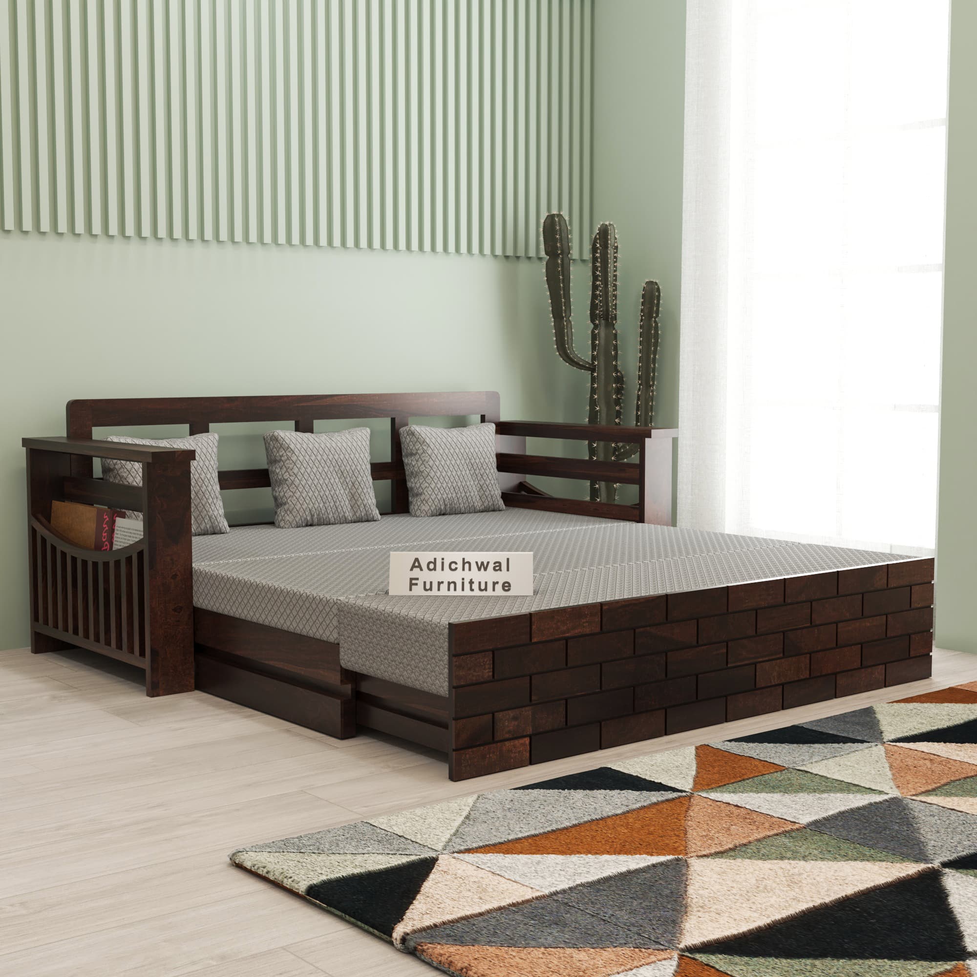 Shisham Wood 3-seater Sofa with UrbanBrick - Urban - Walnut