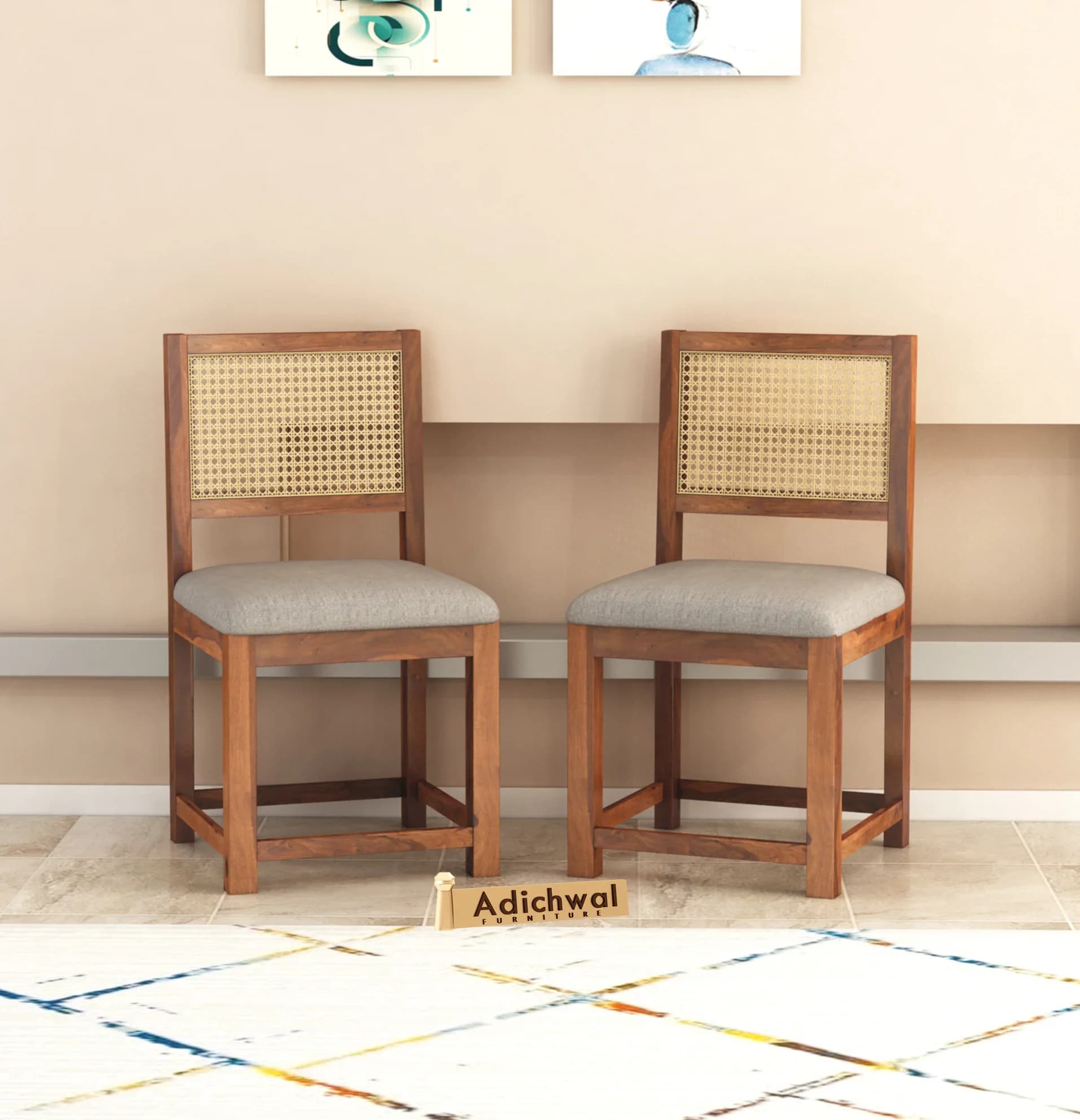 Solid Sheesham Wood Cane Back Dining Chair with Cushioned Seat | Grey Fabric Upholstery in Honey Finish